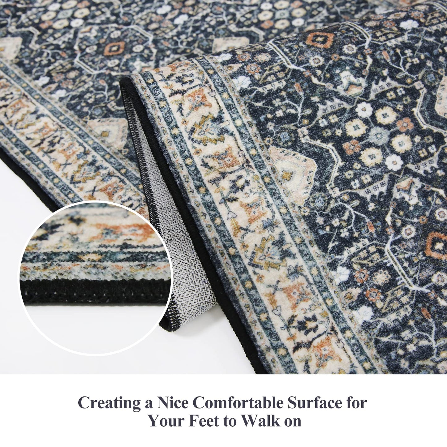 4x8 Washable Kitchen Area Rug: Farmhouse Stain-Resistant Rug for Living Room Bedroom Wide Soft Carpet for Entryway Dining Room Thin Hallway Floor Mat with Non Slip Backing Home Decor(4x8,Black Navy)