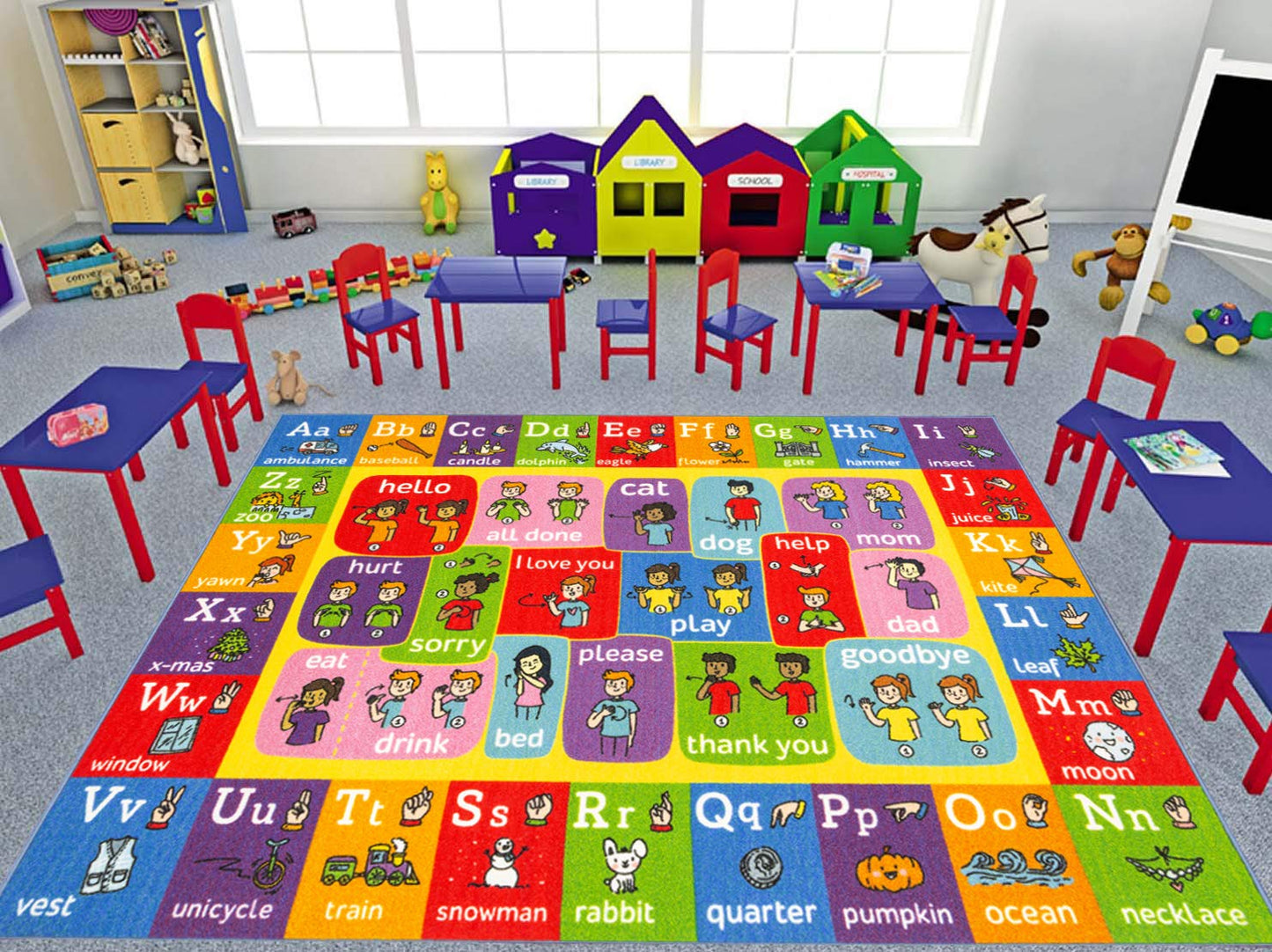 KC Cubs 3x5 ABC Alphabet ASL Sign Language Rug – Educational Non-Slip Carpet Play Mat for Kids, Toddlers, Nursery, Classroom, Playroom, Baby, Daycare