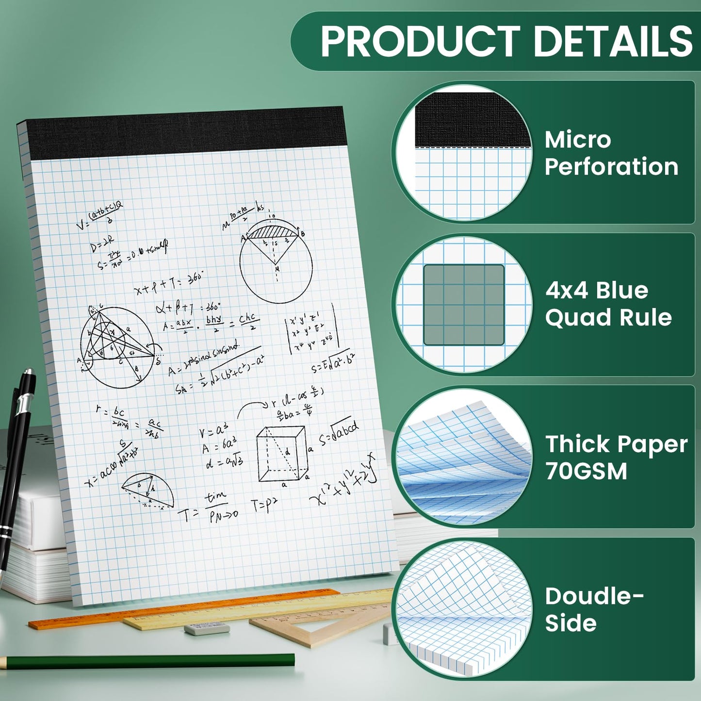 Ciphyfee Graph Paper 8.5 X 11, 6 Pack, 4x4 Quad Ruled, Grid Paper Pad 8-1/2" X 11", Grid Pad 8.5 X 11.75, Engineering Notebook, Easy Tears Off, White 70 Gsm Graft Paper