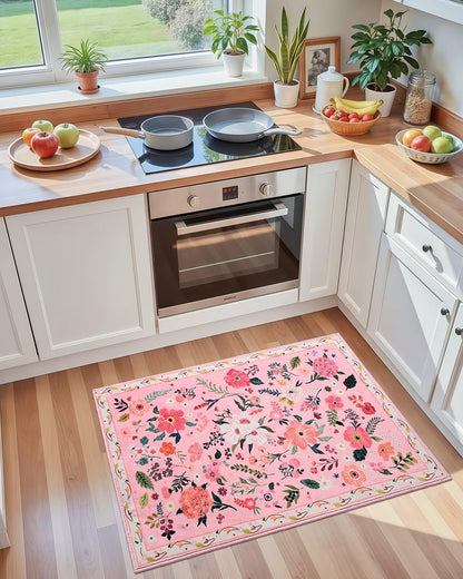 Macgace 2x3 Pink Floral Rug for Entryway, Flowers Printed Washable Small Rugs with Non Slip Backing for Girls Bedroom Kitchen, Cute Throw Carpet Front Door Entry Decor