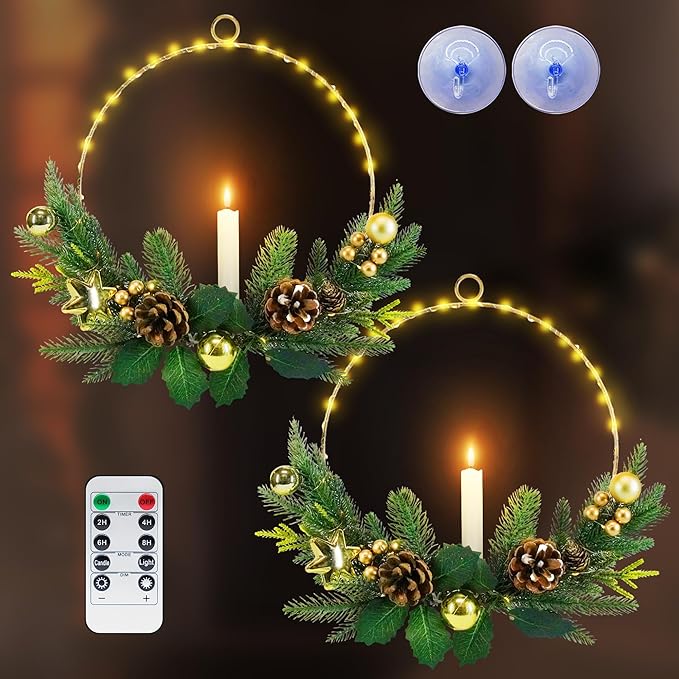 2Pack Christmas Wreaths for Front Door with Lights & Flickering LED Taper Candles & Remote, 16'' Windows Wreaths, Fireplace Christmas Decorations - Gold