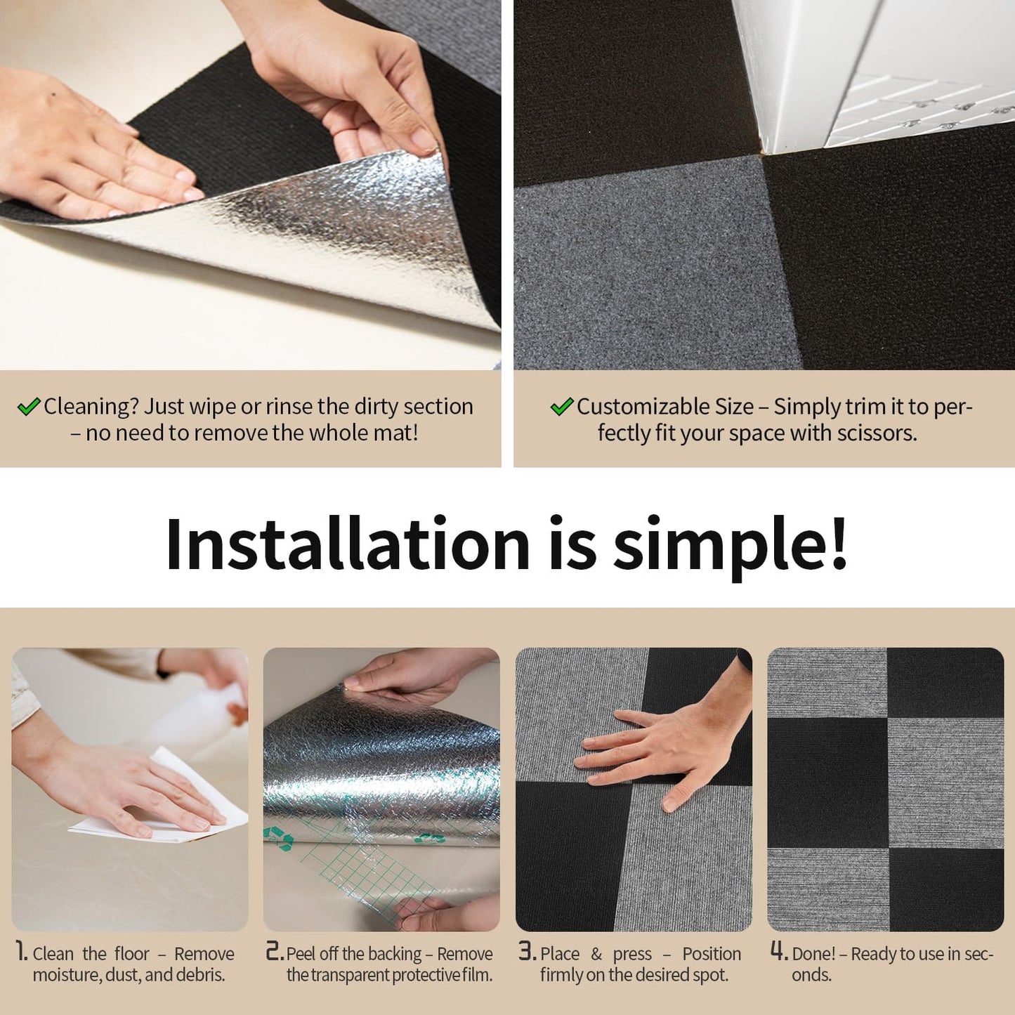 Carpet Tiles Peel and Stick 12”x 12” Non-Slip Self Adhesive Squares Carpet Floor Tile 24Pcs DIY Reusable Waterproof Carpet for Living Room Bedroom