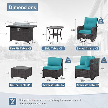 Kurapika 11 Pieces Patio Furniture Set, Rattan Wicker Outdoor Conversation Sets w/43in Propane Fire Pit Table, Swivel Rocking Chairs Patio Sectional Sofa w/4 Inch Cushion, Blue