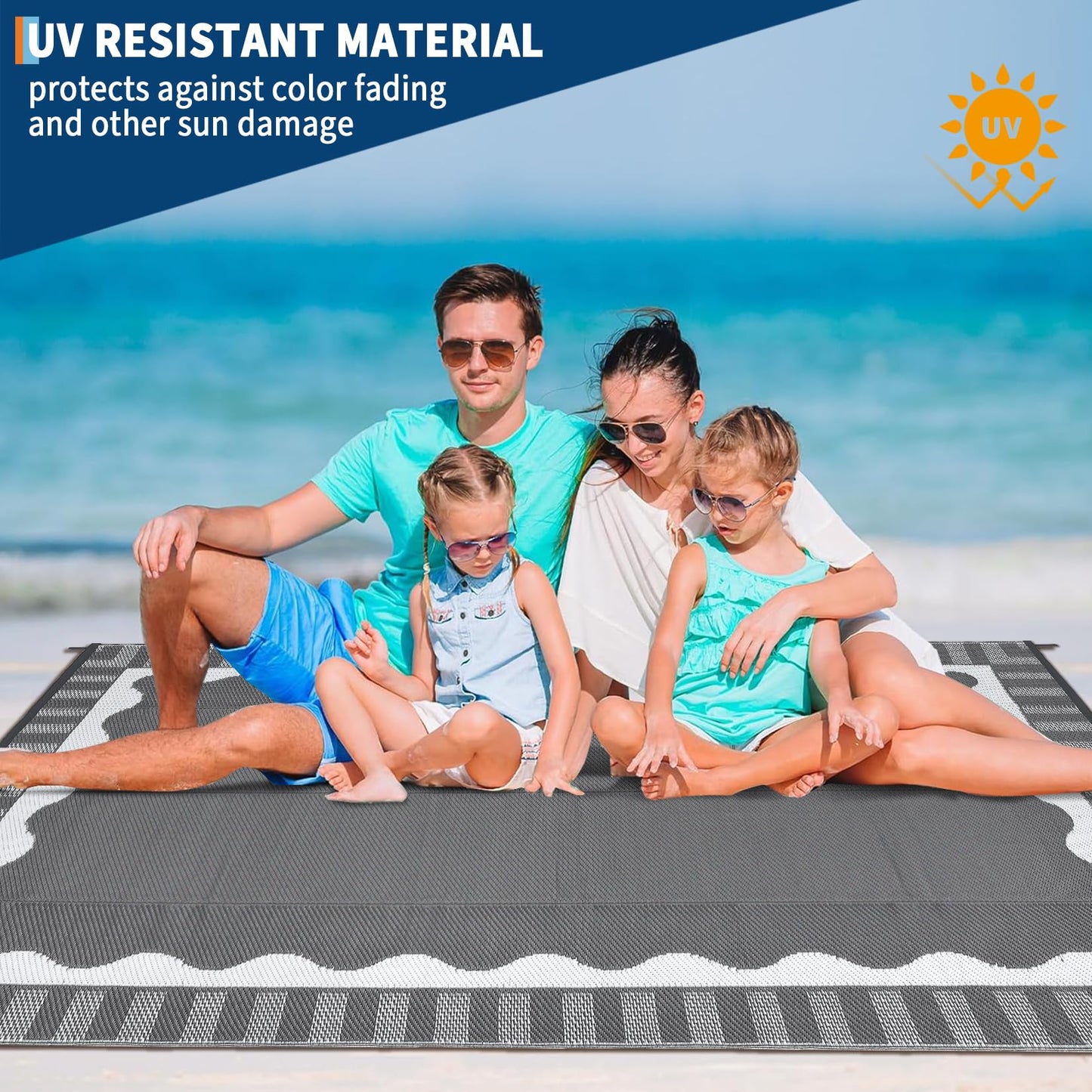 Garvee Large Scalloped Outdoor Rug 9x12 Patio Rugs Outdoor Waterproof, Reversible Plastic Straw Camping Rug, Modern Bordered Outside Mats for Picnic Backyard Deck Balcony Beach Trailer, Grey