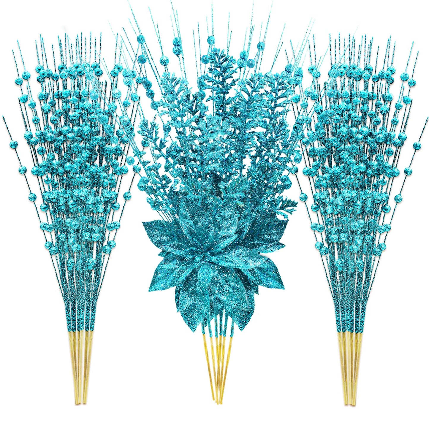 24 Pack Artificial Glitter Berry Stem Ornaments 17.5 Inch Fake Christmas Picks Decorations with Poinsettia Christmas Flowers, Bead Sticks for DIY Christmas Tree Wreath Wedding Small Vase Decor