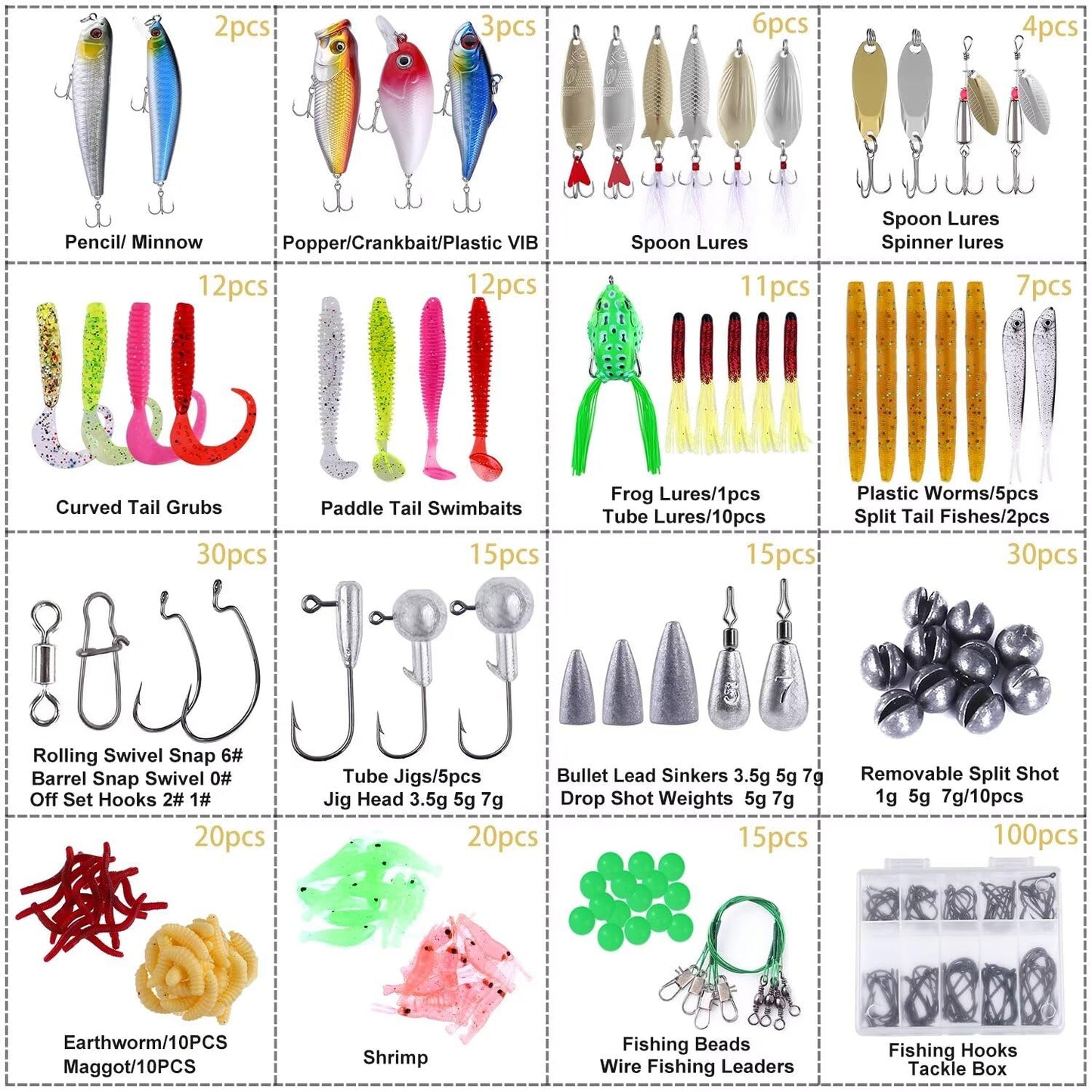 PLUSINNO 302Pcs Fishing Lures, Fishing Tackle Box with Tackle Included, Crankbaits, Spinnerbaits, Hooks, Weights & Accessories - Freshwater Bass Fishing Gear Lure Bait Equipment Kit Gift for Men