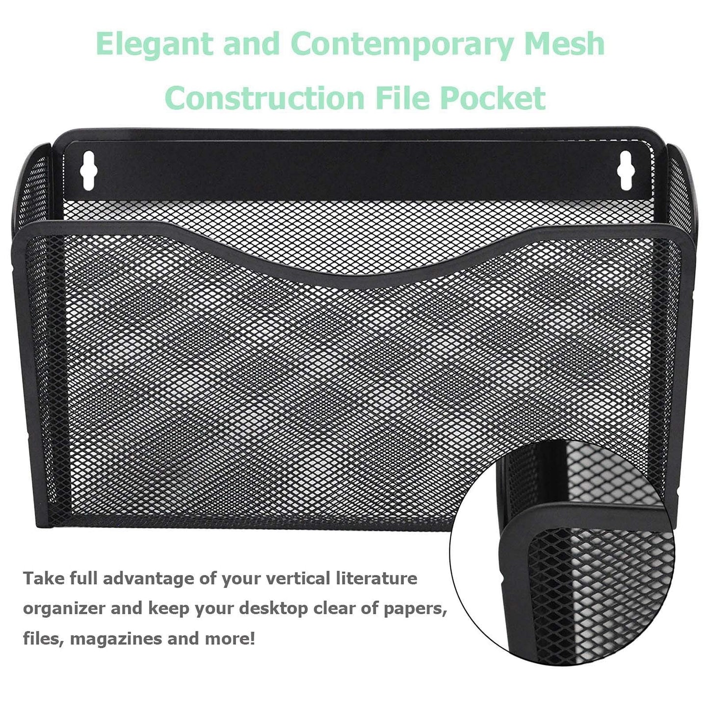 EASEPRES 3 Single Pocket Mesh Hanging File Organizer, Vertical Wall Mounted Magazine File Holder, Mount Basket Mail Paper Document Folder Organizing for Office, Home and School, Black