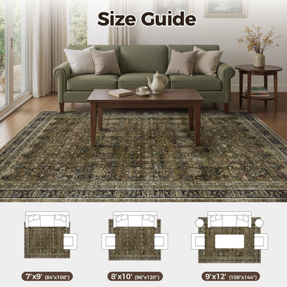 WITSHOCK 7x9 Area Rugs for Living Room: Boho Modern Dark Vintage Traditional Distressed, Washable Low Pile Non-Slip Carpet for Dining Room Bedroom Nursery Kids Playroom, Brown Olive Green
