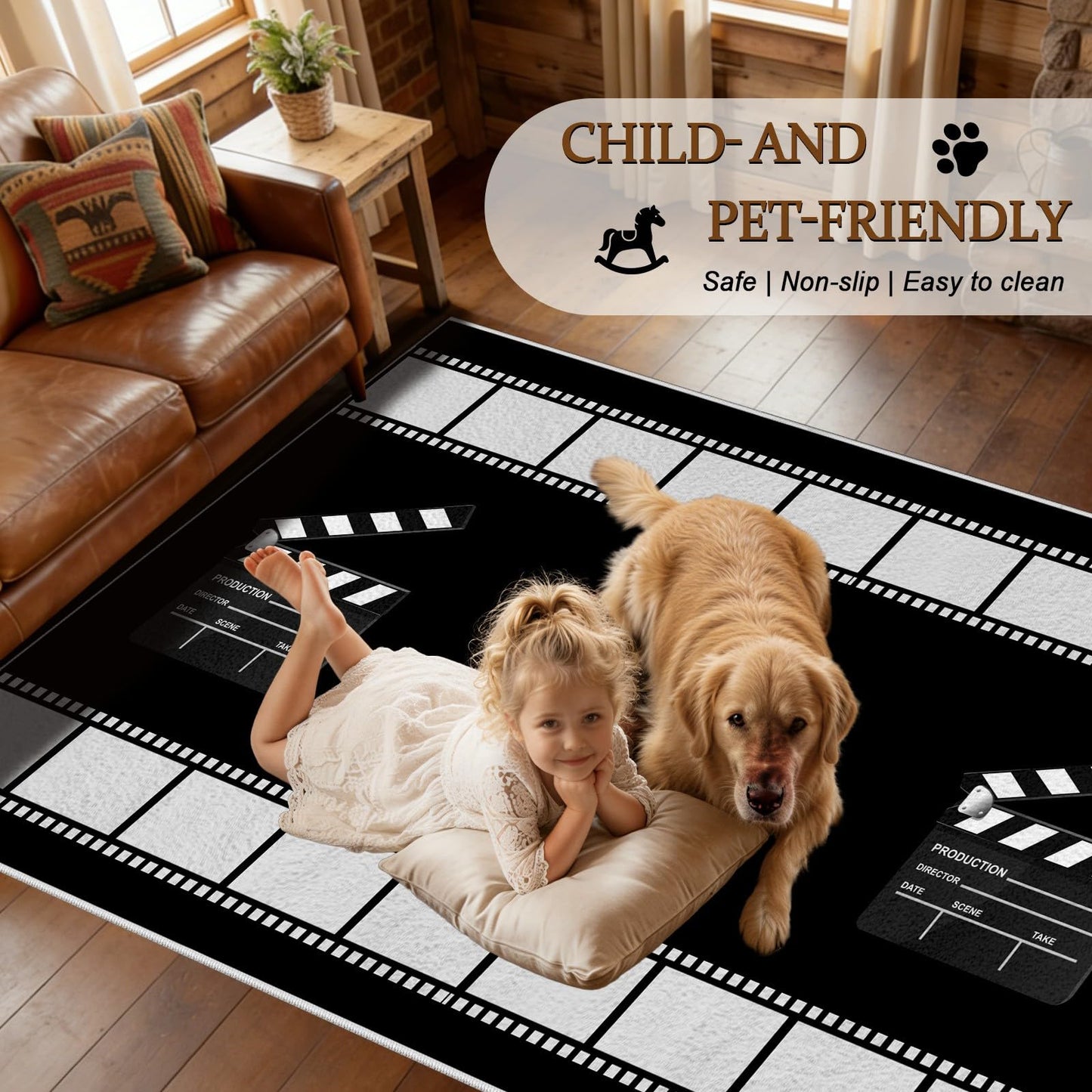 Black and White Movie Time Runner Rug, 3x8ft, Home Cinema Theatre Rug, Clapboard Ticket Print Design Rugs, Vintage Non Slip Soft Low Pile Washable Carpet for Bedroom Hallway