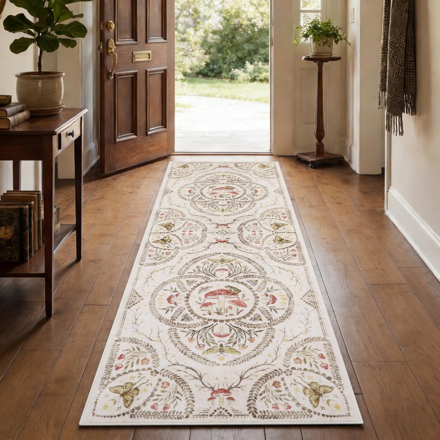 Garvee Mushroom 2.5x8 Runner Rug for Hallway, Dark Academia Gothic Rugs, Non Slip Washable Low Pile Kitchen Carpet with Rubber, Bug Entryway Rugs Stain Resistant for Bedroom Laundry Room, Beige