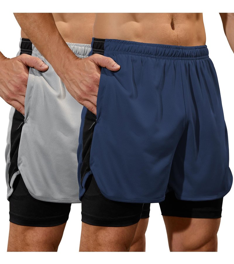 SILKWORLD Men's Running Gym Workout Shorts, Navy&Light Grey, L