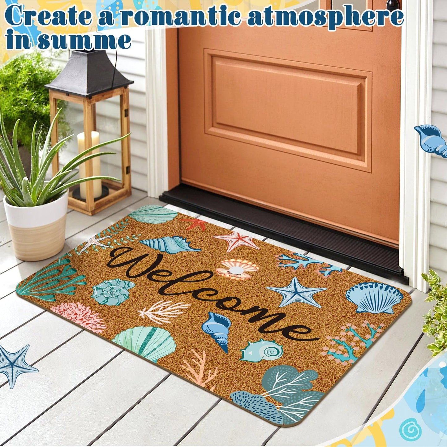 Moucuny 2 Pcs Coastal Beach Coir Door Mat Holiday Coastal Doormat 15.75 x 23.62 Inches Non Slip Entrance Coir Rugs for Farmhouse Home Kitchen Front Outdoor Indoor Summer Welcome Beach Rugs