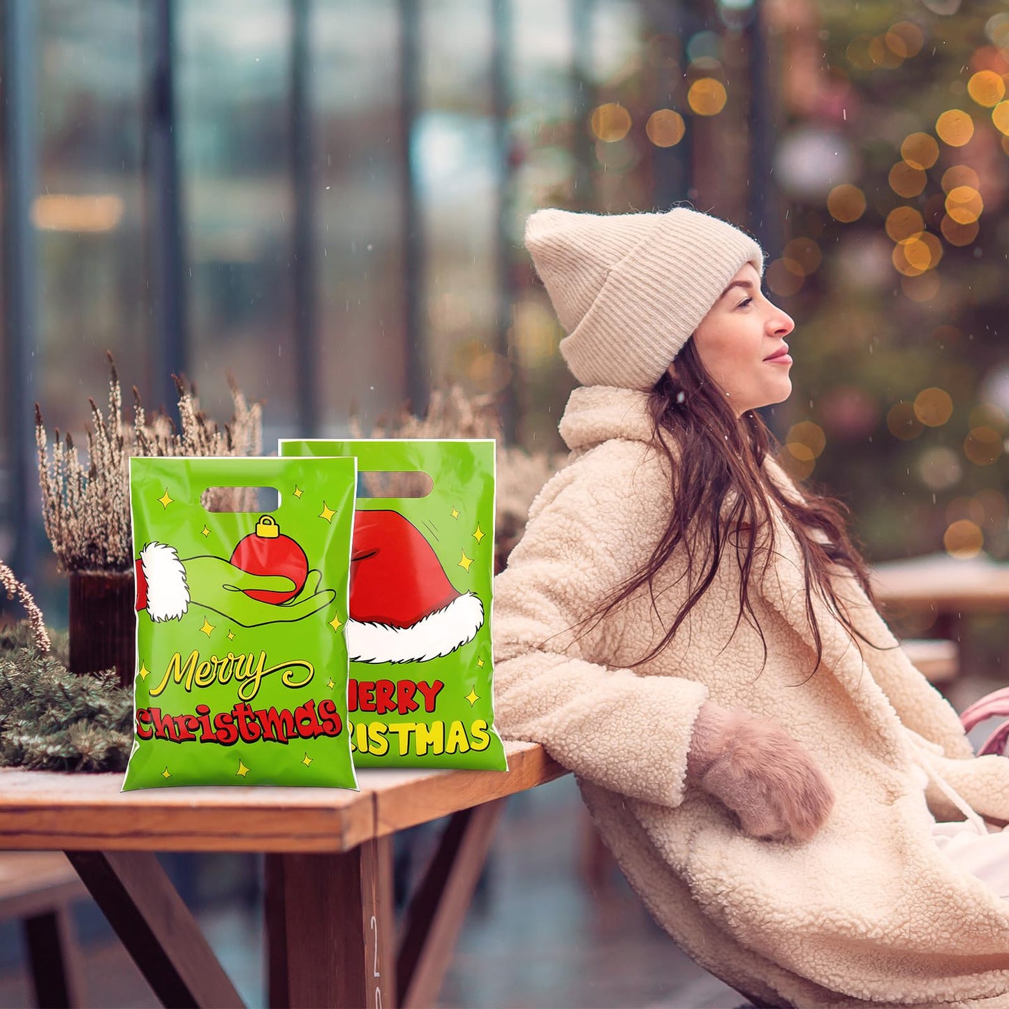 Supervitae 50 Pcs Merry Christmas Gift Bags with Handle Green Elf Xmas Goodie Bags Funny Cartoon Character Candy Bag for Xmas Snack Cookie Packing Party Favors