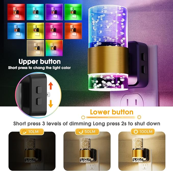L LOHAS LED Night Light,Dimmable Night Lights Plug into Wall with Remote Control, RGB Color Changing, Dusk to Dawn Sensor, Acrylic Bubble Nightlight for Bathroom