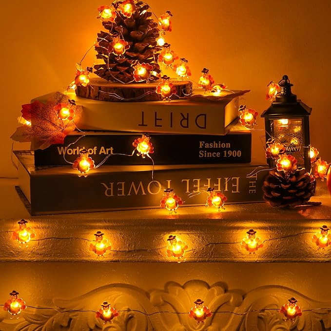 2 Pack Thanksgiving Decorations Turkey String Lights, Total 60LED/20Ft Thanksgiving Lights Battery Operated Turkey Lights Copper Wire Fairy Lights for Party Home Indoor Decor