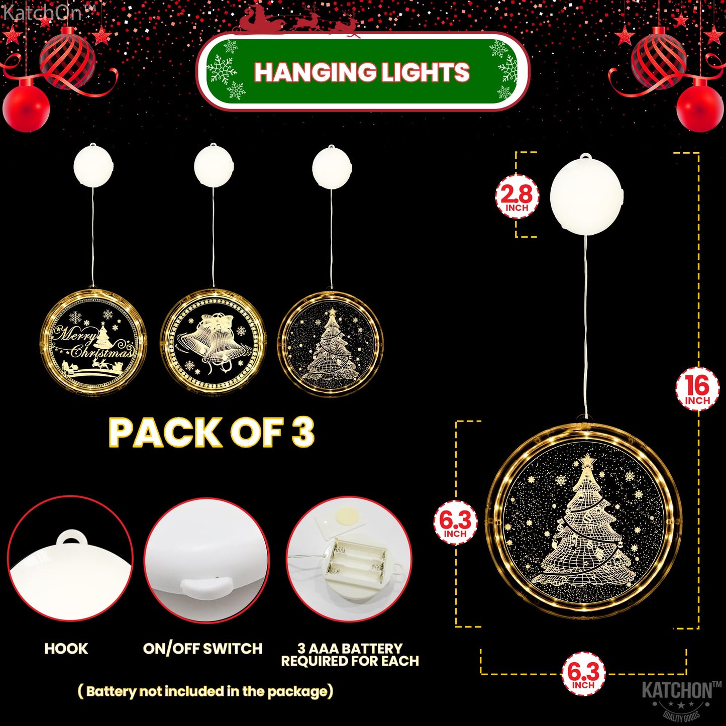 KatchOn, Light Up Window Christmas Decorations Indoor - Pack of 3 | Santa, Reindeers and Christmas Tree for Party Decorations | LED Hanging Lights, Battery Operated Christmas Lights Indoor