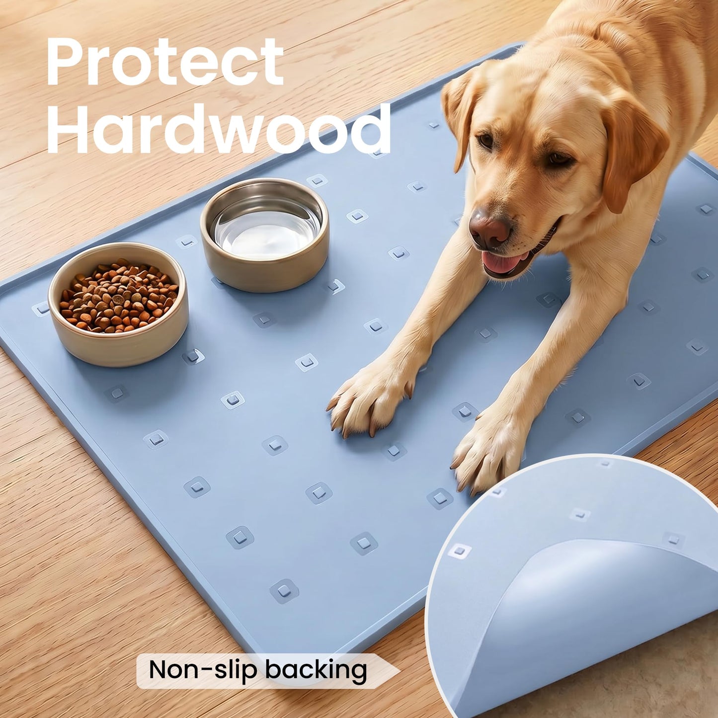 TCULOSD Silicone Pet Feeding Mat, 26x18 Inch Waterproof Dog Bowl Mat – Non-Slip, Machine Washable, Thin 0.23 Inch Edge for Messy Eaters, Protects Hardwood & Tile Floors, Blue
