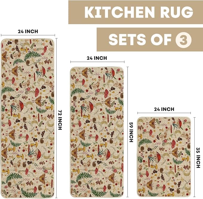 Artoid Mode Mushrooms Butterfly Spring Kitchen Mats Set of 3, Home Decor Low-Profile Kitchen Rugs for Floor - 24"x35"+24"x59"+24"x72"
