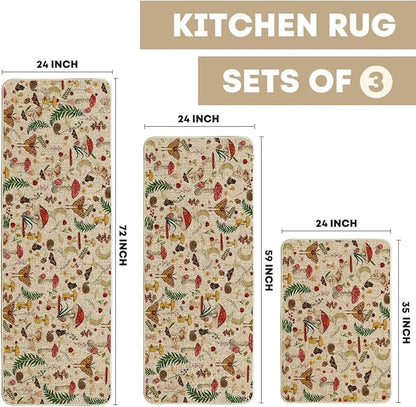 Artoid Mode Mushrooms Butterfly Spring Kitchen Mats Set of 3, Home Decor Low-Profile Kitchen Rugs for Floor - 24"x35"+24"x59"+24"x72"