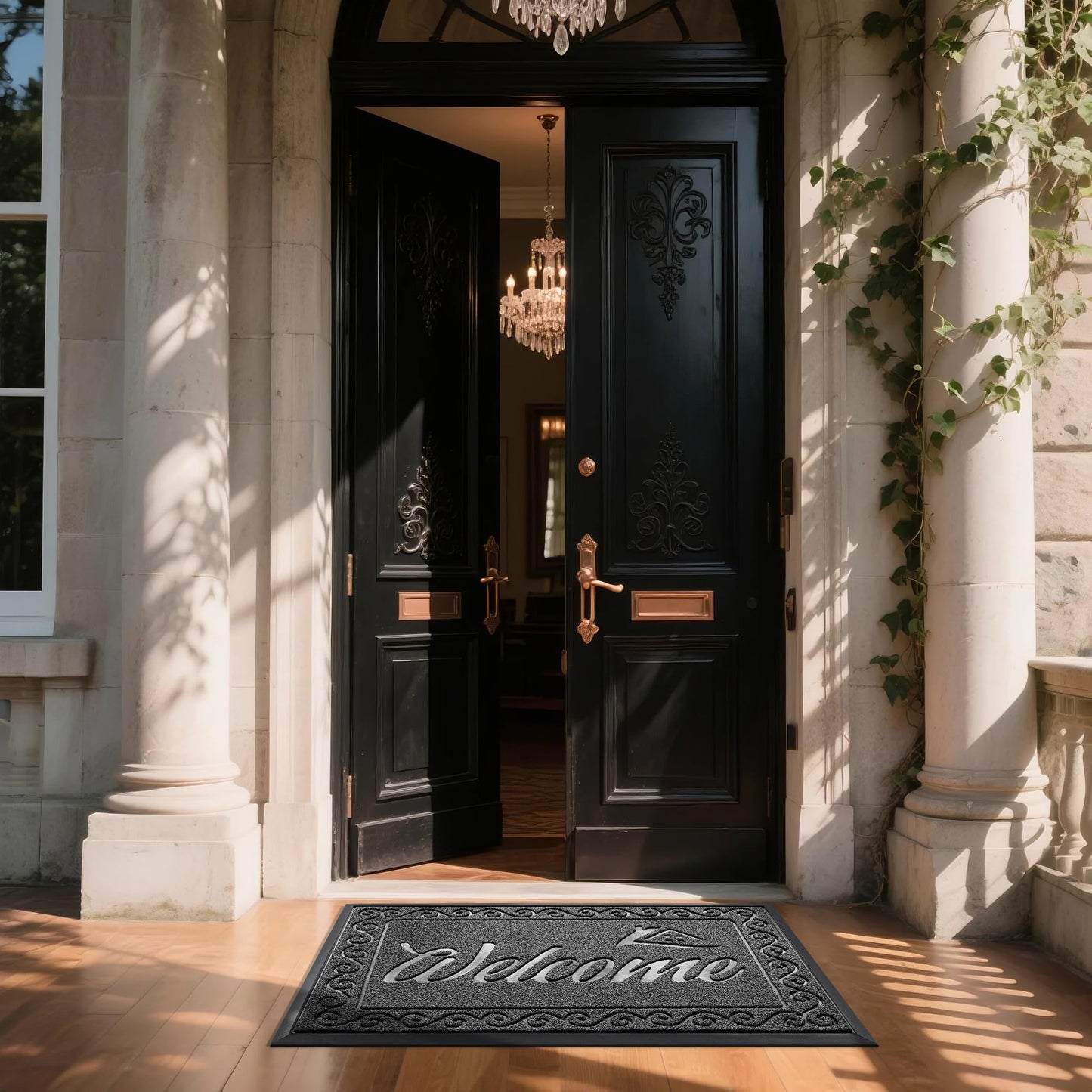 Yimobra Welcome Mat, Heavy Duty Sturdy Door Mats for Home Entrance Outdoor Indoor, Front Doormat for Outside Patio Floor Entry Porch Garage Office, Waterproof, Low Profile, 47X32 Inches, Black Grey