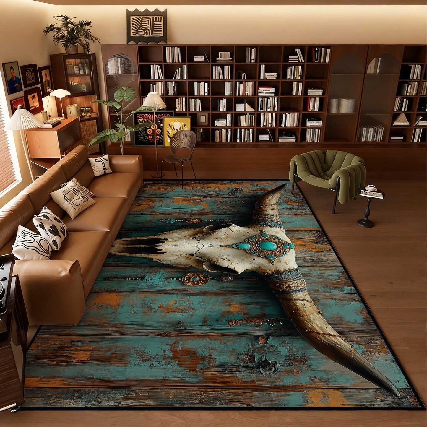Southwestern Cow Skull Area Rug, Western Aztec Bull Skull Rug, Aztec Tribal Rugs, Native American Rugs, Moroccan Navajo Tribal Carpet for Living Room Bedroom (5' x 7'(Rectangular))
