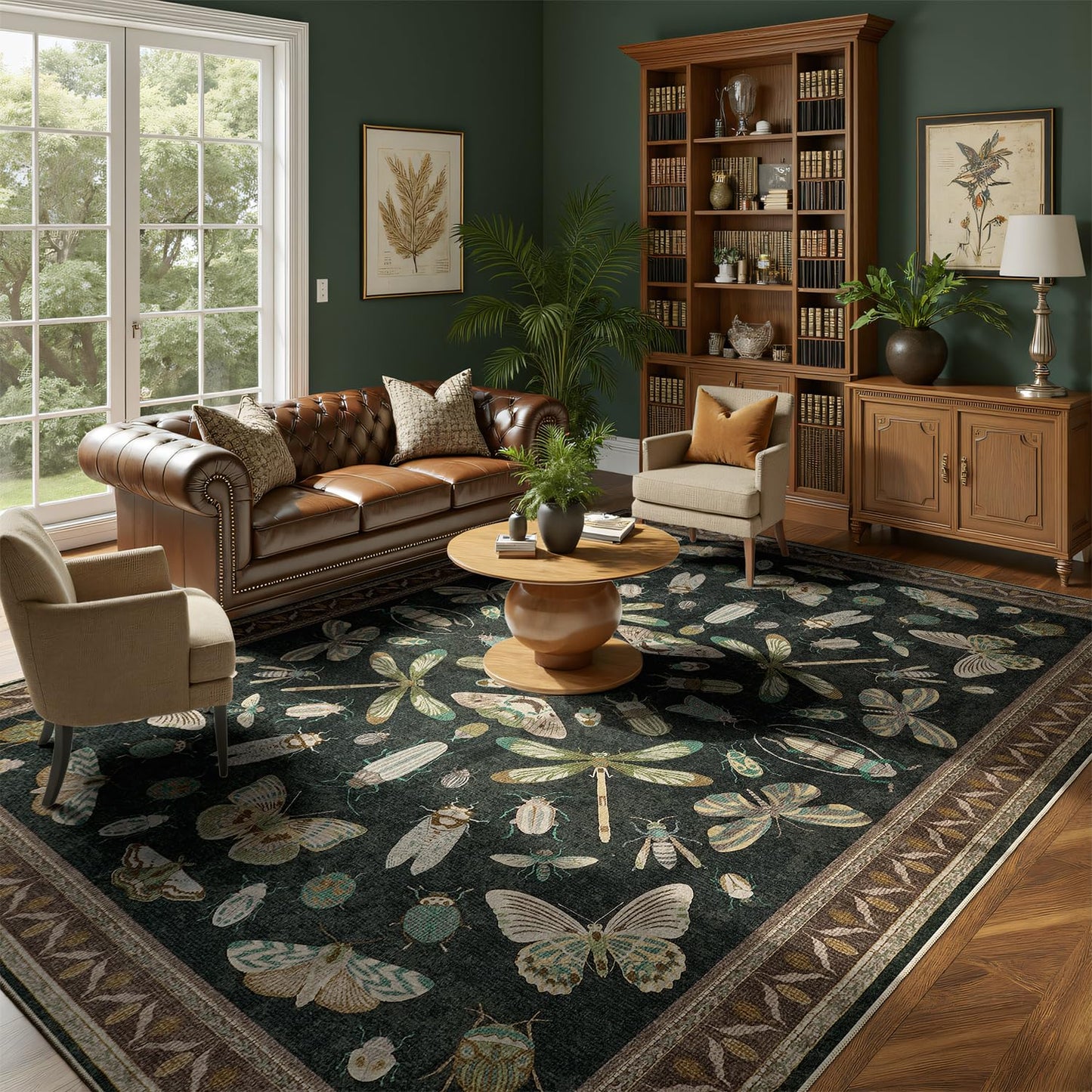 DCX Black 5x7 Washable Bug Rug, Botanical Insect Rug with Non-Slip Rubber Backing, Soft Low-Pile, Stain-Resistant, Kid & Pet Friendly, for Living Room, Bedroom, Office, and Nature-Themed Decor