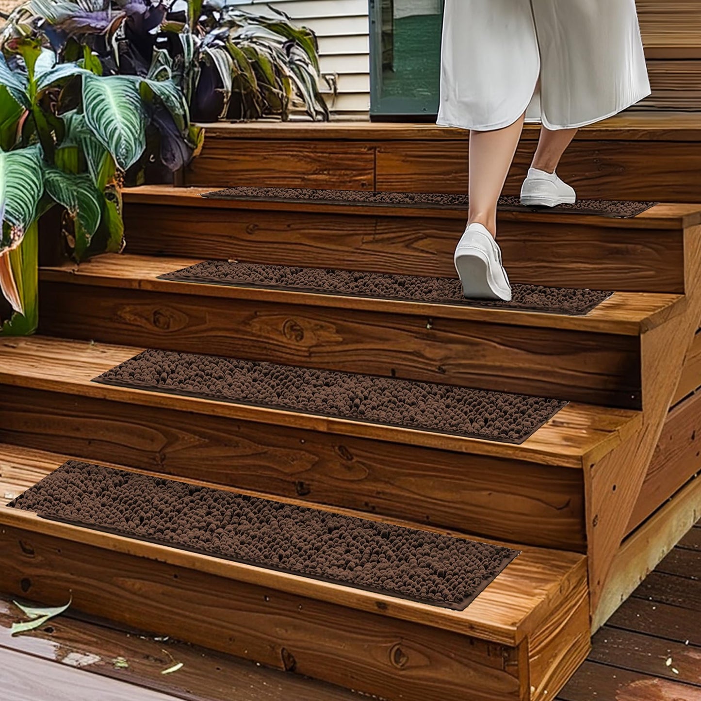Muddy Mat® Pack of 12 - Soft Chenille Stair Treads Non-Slip Reusable, Super Absorbent Stair Treads for Wooden Steps, Tile & Marble Floor, Easy to Install & Machine Washable - Brown 30'' x 7''