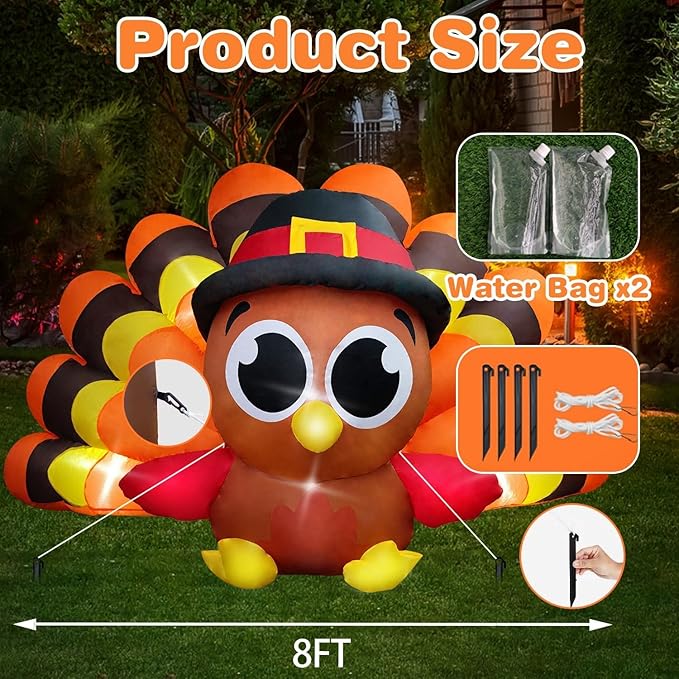 Thanksgiving Inflatables Turkey Outdoor Decorations 8FT Fall Inflatable Turkey with Built-in LED Lights with Big Tail Blow up Outdoor Lawn Yard Decoration