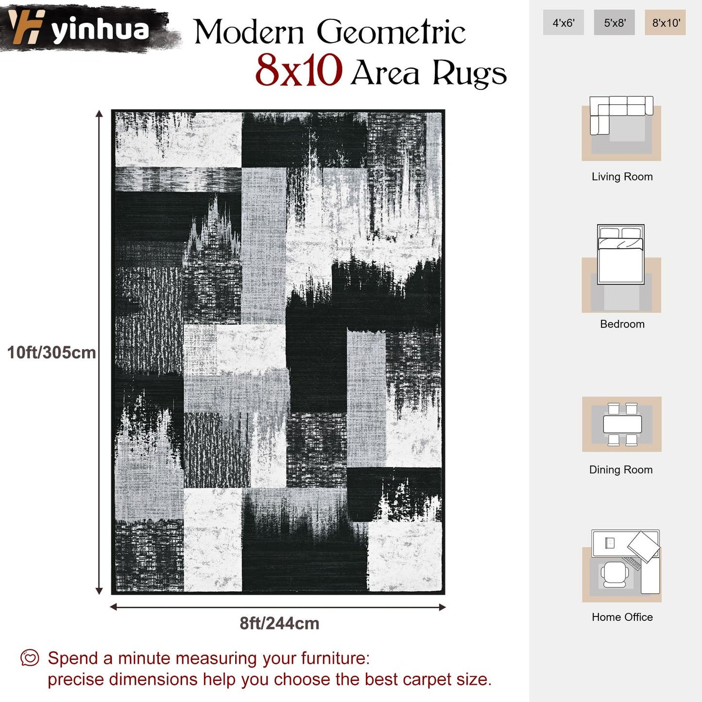 Yinhua Modern Geometric 8x10 Area Rugs, Patchwork Grey Rugs for Living Room Washable Abstract Rug Non Slip, Soft Bedroom Rug Stain Resistant, Mid Century Low Pile Carpet for Dining Room, Office