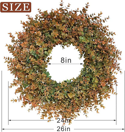 26" Fall Wreath for Front Door - Large Artificial Eucalyptus Leaves with Orange Seeds Outdoor Wreath for Porch, Window,Farmhouse,Home,Thanksgiving Day Harvest Festival Autumn Decor