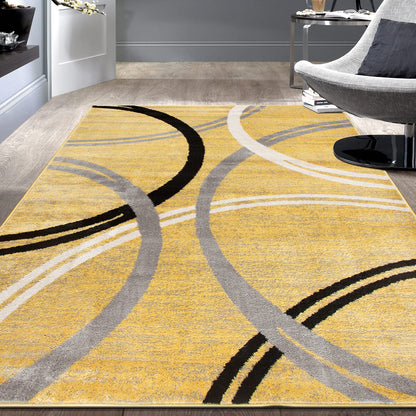 Rugshop Wavy Circles Design Area Rug, Carpet with Jute Backing for Living Room, Bedroom, or Dining Room, Yellow, 5'3" x 7'3"