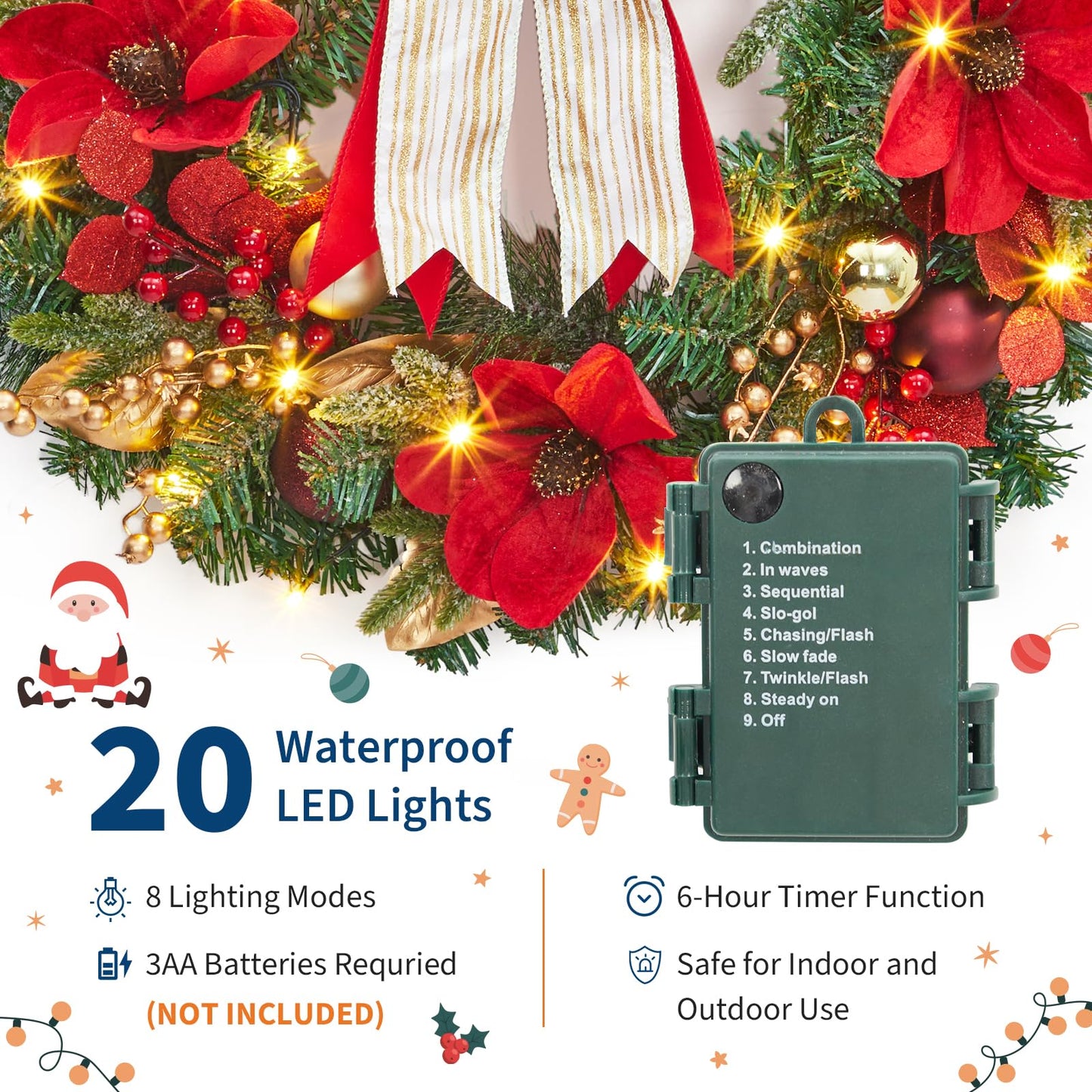 GarveeHome Christmas Wreath, 24 in Artificial Pre-Lit Christmas Wreaths for Front Door with 20 LED Lights & 8 Modes, Pine Needles & Red Berries, Accent Decor for Winter Holiday Home Office Apartment