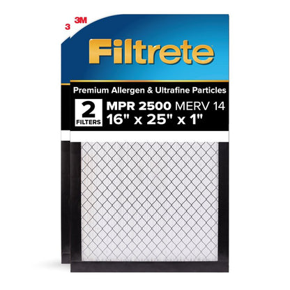 Filtrete 16x25x1 AC Furnace Air Filter, MERV 14, MPR 2500, Premium Ultra Fine Particle, 3-Month Pleated 1-Inch Electrostatic Air Cleaning Filter, 2-Pack (Actual Size 15.69 x 24.69 x 0.81 in)