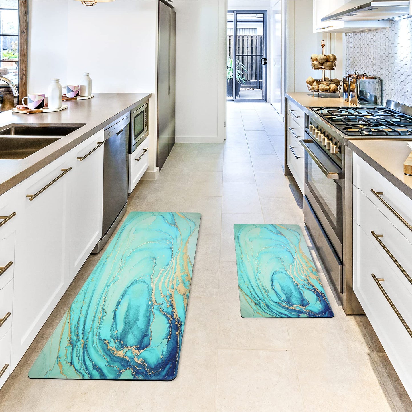 MAYHMYO Kitchen Rugs and Mats Set of 2 Teal Marble Gold Anti Fatigue Mat PVC Non Slip Turquoise Foam Cushioned Kitchen Mats for Floor Dining Room Home Office Sink Laundry