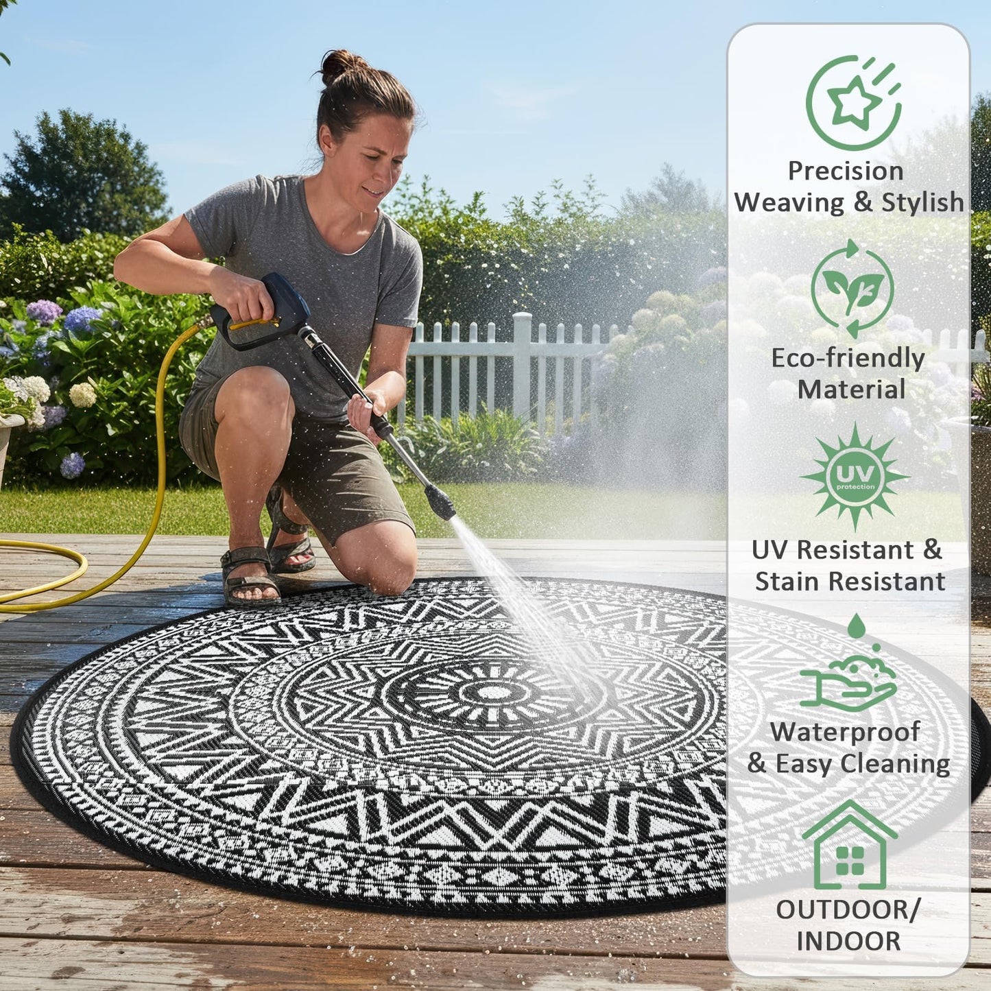 famibay Outdoor Rug Waterproof 5ft Round, Reversible Boho Plastic Straw Patio Camping Area Rugs, Portable Indoor Outdoor RV Mat for Deck, Porch, Balcony, Backyard, Picnic, Beach, Pool, Black & White