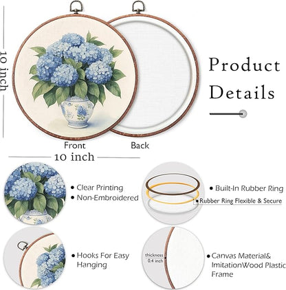 Threegoat Chinoiserie Spring Floral Framed Round Wall Art,Blue and White Hydrangea Flowers Wall Art Decor for Bedroom,Vintage Wall Hanging Decor for Grand Millenial Grandmillennial Home - A01