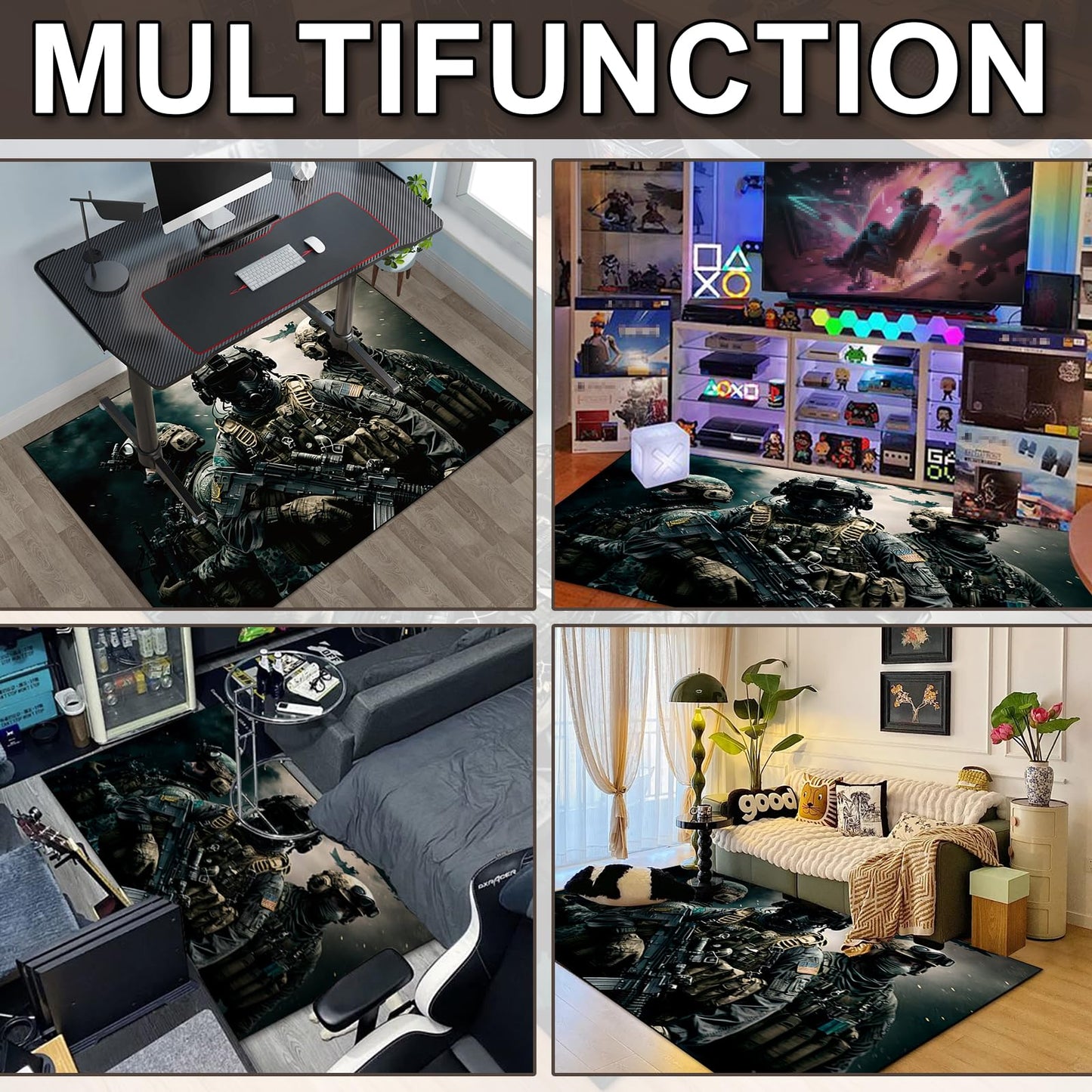 Shooting Game Rug Teen Boys Carpet with Battle Games Element Decoration Mat, War Game Rugs for Boy’s Bedroom Living Room Playroom, Non-Slip Children Gaming Area Rugs (Threesome, 79" x 59")