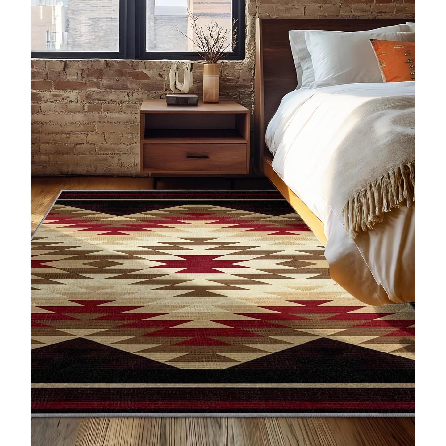 Boho Style Western Rug, 3x5ft,Country Farmhouse Retro Cabin Area Rugs, Non-Slip, Soft and Washable Southwestern Aztec Native Geometric Carpet, for Bedroom, Living Room Beige, Green, Red