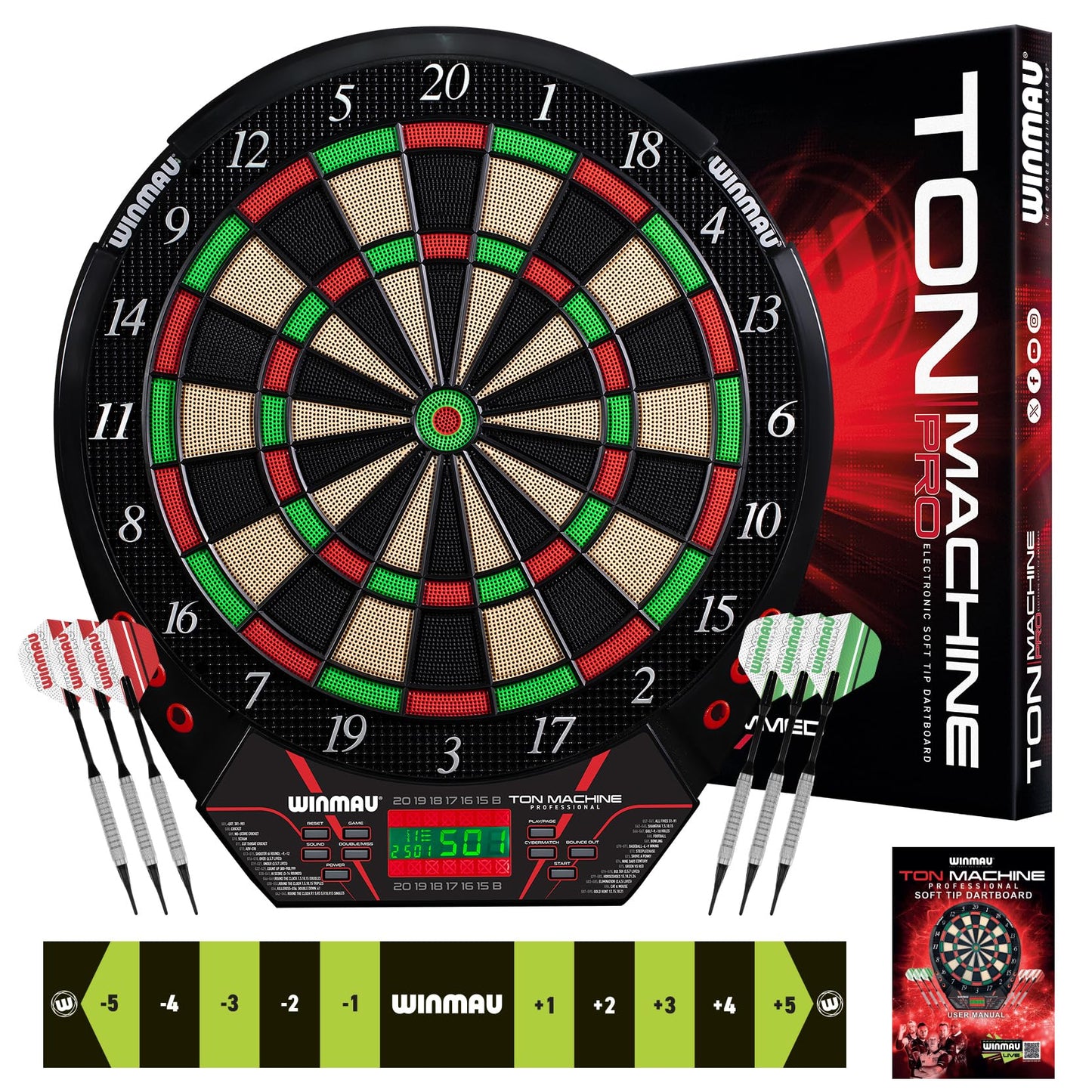 WINMAU Ton Machine Electronic Dartboard Set – Soft Tip Dart Board with 90+ Games, Digital Scoreboard & AI Play – 8 Player Multiplayer – Includes Darts, Tips & Throw Line