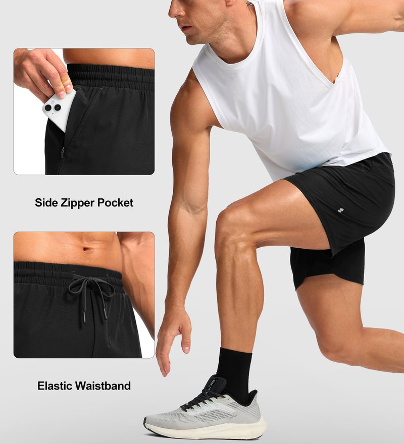 Soothfeel Men's Athletic Running Shorts with Zipper Pocket 5 Inch Quick Dry Tennis Gym Workout Shorts for Men(Black, Medium)