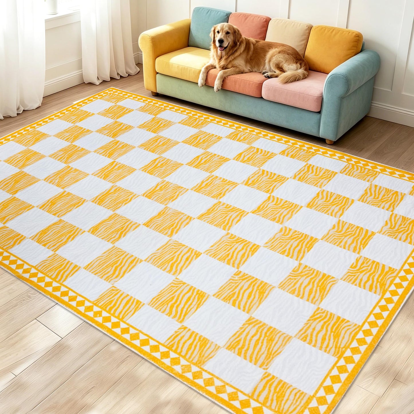 Lacomfy Checkered Rug Carpet 5x6.6Ft Modern Abstract Zebra Mat for Kids Boys Girls Bedroom Farmhouse Living Room Office Entryway Decor, Chic Stripe and Checkerboard, Nonslip Washable, Yellow