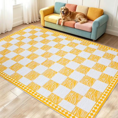 Lacomfy Checkered Rug Carpet 5x6.6Ft Modern Abstract Zebra Mat for Kids Boys Girls Bedroom Farmhouse Living Room Office Entryway Decor, Chic Stripe and Checkerboard, Nonslip Washable, Yellow