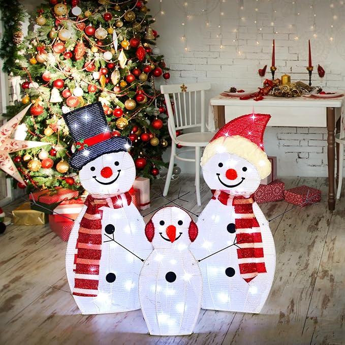 BRIGHTDECK Light Up Snowman Christmas Decorations Outdoor, 54 LEDs Set of 3 Lawn Ornament, Outdoor Lighted Holiday Displays for Christmas Yard Decorations (Snowman)