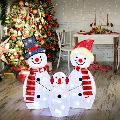 BRIGHTDECK Light Up Snowman Christmas Decorations Outdoor, 54 LEDs Set of 3 Lawn Ornament, Outdoor Lighted Holiday Displays for Christmas Yard Decorations (Snowman)