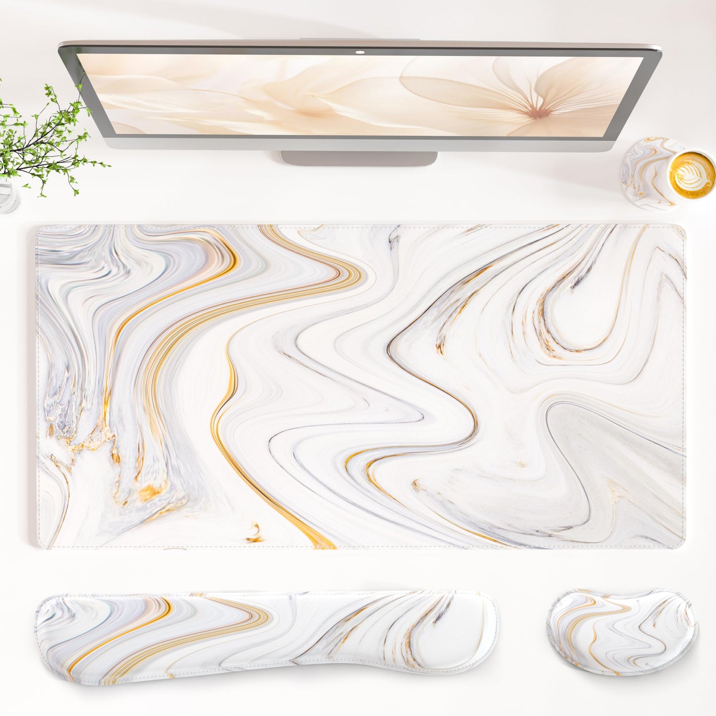 QiyI Leather Desk Mat Set, 4-in-1 Large Mouse Pad with Wrist Rest, Non-Slip Desk Pad + Keyboard Wrist Rest + Mouse Wrist Support + Coaster, Office Desk Accessories Home Decor Supplies, Marble Stripes