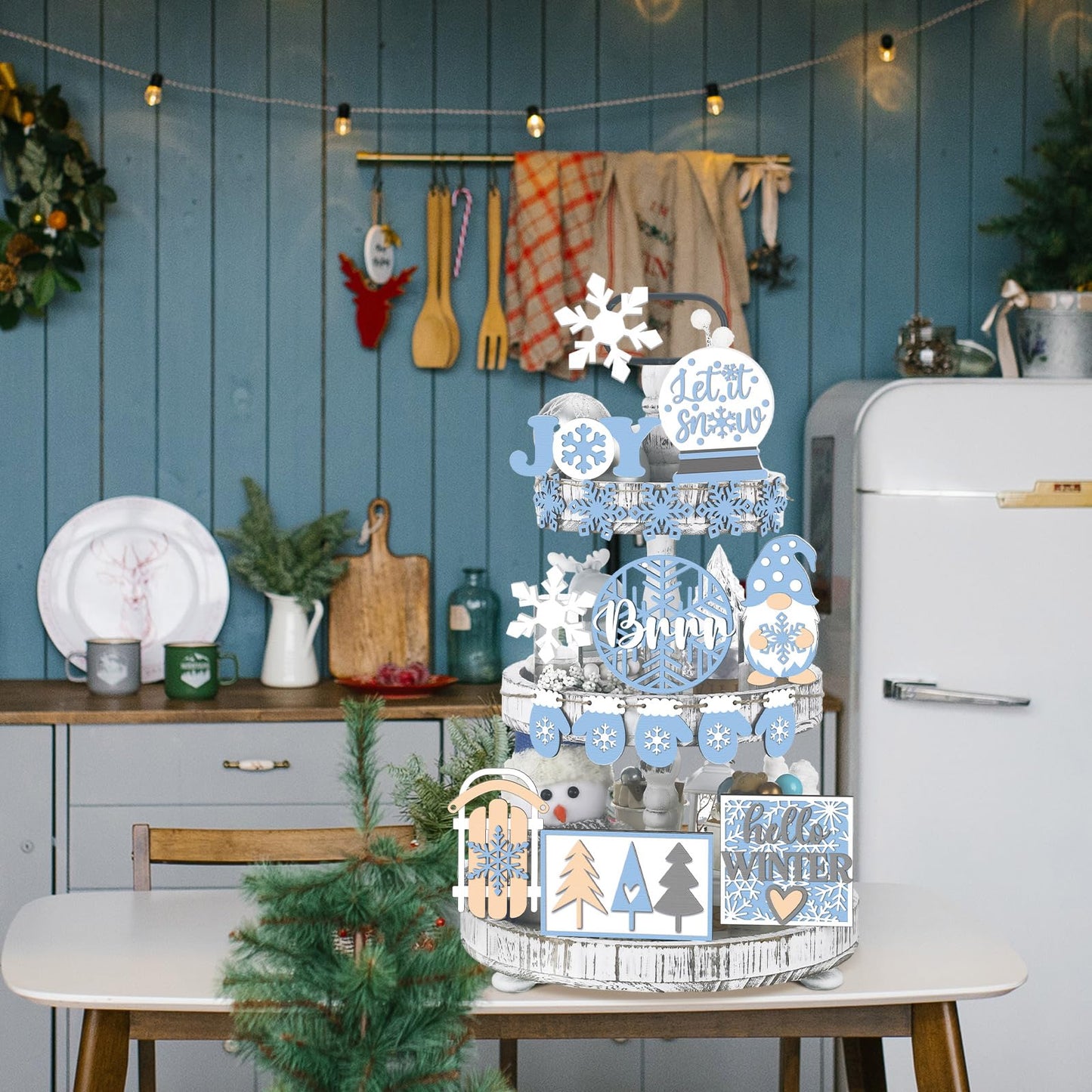 20 Pcs Winter Tray Decor Snowflake Snowman Gnome Wooden Signs Winter Wonderland Table Centerpieces Rustic Farmhouse Winter Tabletop Decorative Trays for Party Home Christmas Holiday