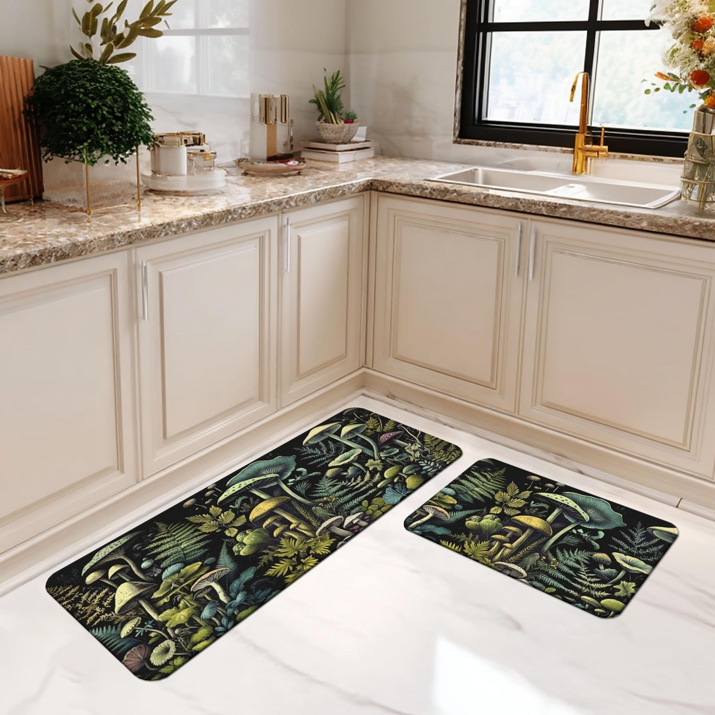 Mushroom Kitchen Rugs Set of 2, Mushroom Kitchen Mats, Non-Slip Absorbent Washable Kitchen Mats for Home Kitchen Decor, 17'' X 30''+17'' X 47''
