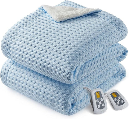 CAROMIO Heated Blanket Queen Size with LCD Dual Controller, Waffle Weave Fast Heating Electric Blankets, 10 Heat Levels & 1-12H Time Settings, ETL Certified, Machine Washable, Light Blue, 84" x 90"