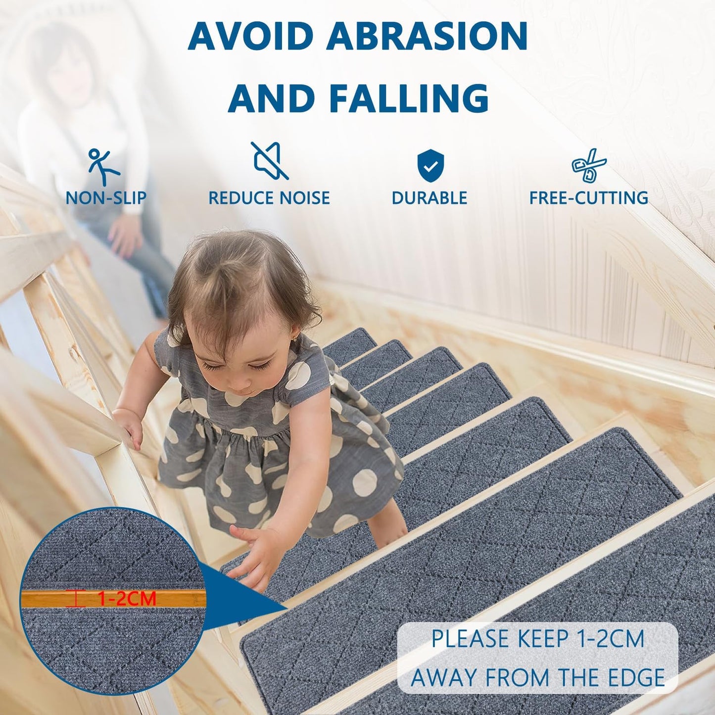 KOOTETA Stair Treads for Wooden Steps Indoor, 15 Pack 8" X 30" Non Slip Carpet Stair Treads with Reusable Adhesive for Elders and Dogs, Surface Polyester TPR Backing Stair Runner Rugs, Dark Grey