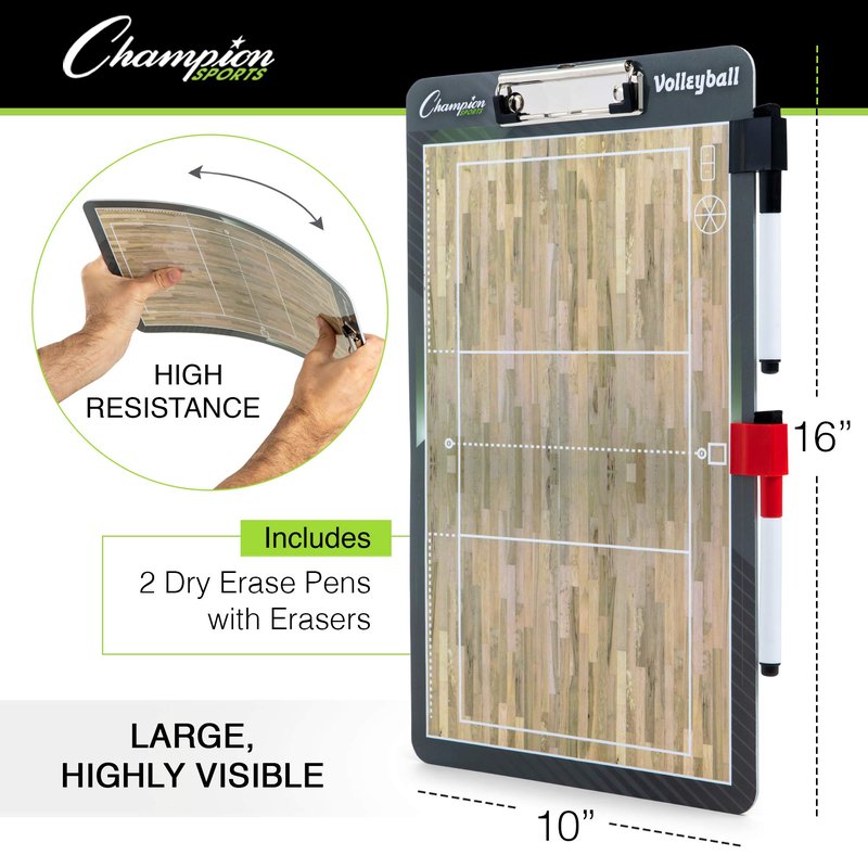 Champion Sports Dry Erase Clipboard for Coaching Volleyball - Whiteboards for Strategizing, Techniques, Plays - 2-Sided Clipboards with Clip - Front Side Full Court - Backside Half Court and Lineup